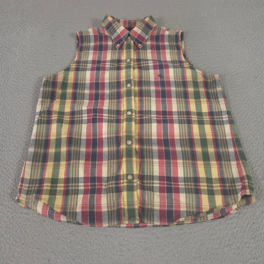 VINTAGE Lauren Ralph Lauren Top Womens 10 Multi Plaid Sleeveless Button Down 90s